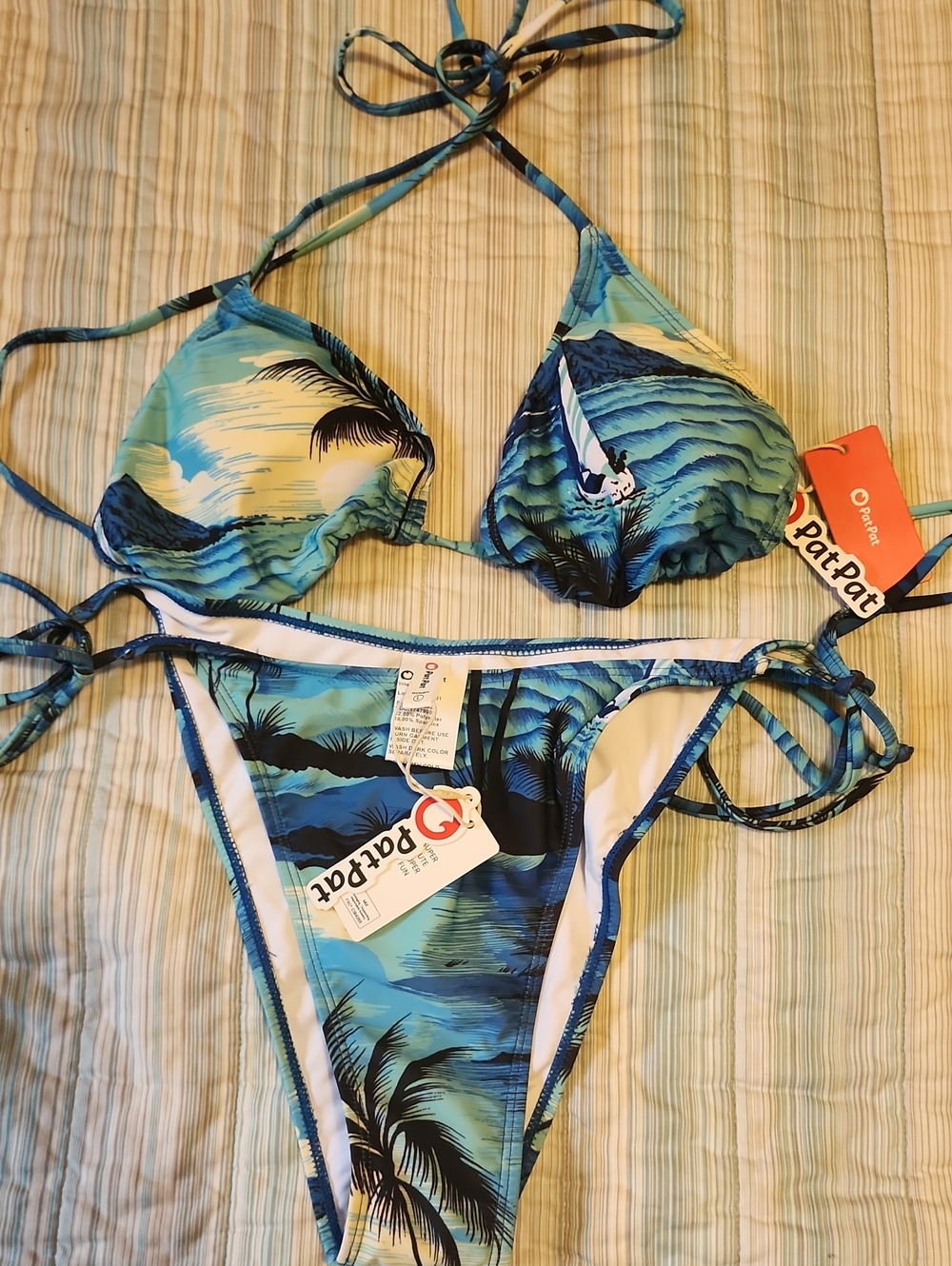 PatPat Blue Aqua Palm Print Triangle String Bikini